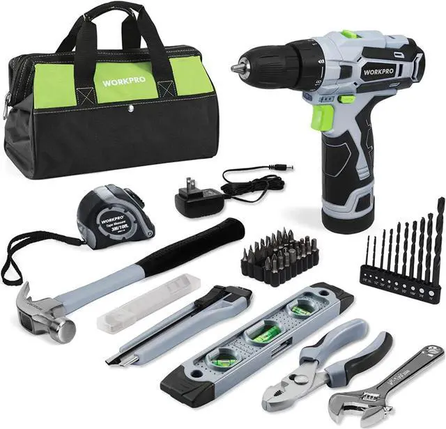 Main image of 12V Cordless Drill Driver and Home Tool Kit, 61-Piece Hand Tool Set for DIY, Home Maintenance, 14-inch Storage Bag Included