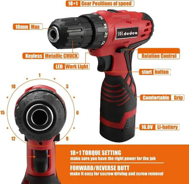 Alt view image 3 of 7 - Tool Set with Drill, 108Pcs Cordless Drill Household Power Tools Set with 16.8V Lithium Driver Claw Hammer Wrenches Pliers DIY Accessories Tool Kit