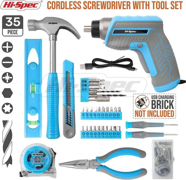 Alt view image 2 of 7 - Electric Cordless Tool Set, 35pc Small Essential Blue 3.6V USB Power Screwdriver & Hand Tool Kit For The Home