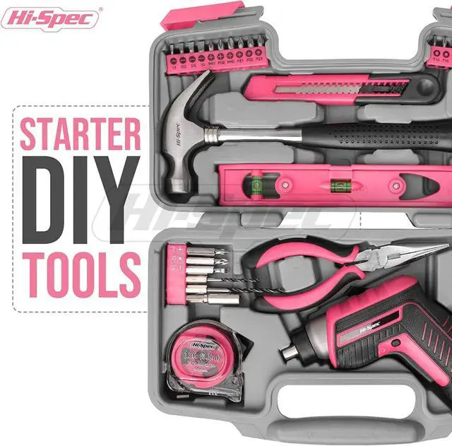 Alt view image 4 of 7 - 35 Piece Red Home DIY Tool Kit with USB Rechargeable 3.6V Electric Power Screwdriver. Easy Repair with Household Hand Tools & Picture Hanging Kit. All In a Portable Box