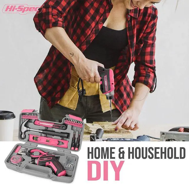 Alt view image 6 of 7 - 35 Piece Red Home DIY Tool Kit with USB Rechargeable 3.6V Electric Power Screwdriver. Easy Repair with Household Hand Tools & Picture Hanging Kit. All In a Portable Box