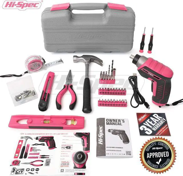 Alt view image 7 of 7 - 35 Piece Red Home DIY Tool Kit with USB Rechargeable 3.6V Electric Power Screwdriver. Easy Repair with Household Hand Tools & Picture Hanging Kit. All In a Portable Box