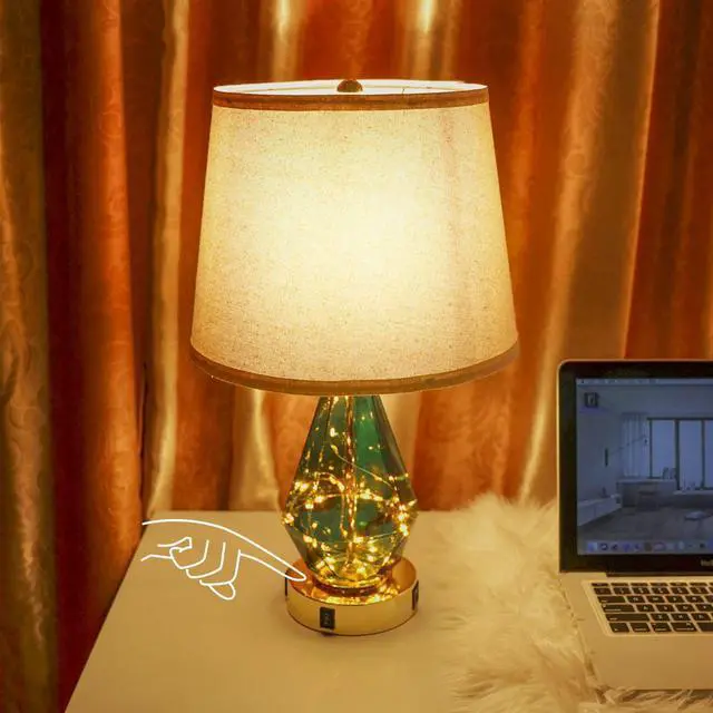 Alt view image 4 of 7 - 21 Inch Modern Glass Table Lamp Set of 2 ,Bedside Lamp with PD 20W USB Charger and AC Outlet, 3 Way Dimmable Touch Nightstand Lamp with LED Fairy Lights for Bedroom Living Room