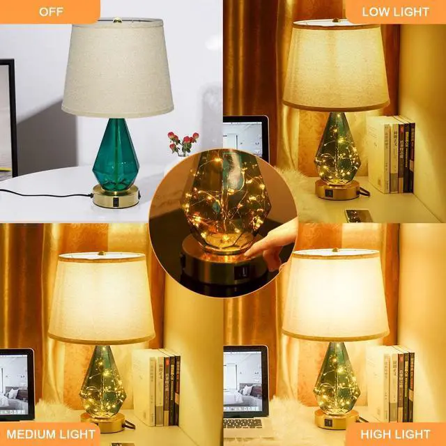 Alt view image 6 of 7 - 21 Inch Modern Glass Table Lamp Set of 2 ,Bedside Lamp with PD 20W USB Charger and AC Outlet, 3 Way Dimmable Touch Nightstand Lamp with LED Fairy Lights for Bedroom Living Room
