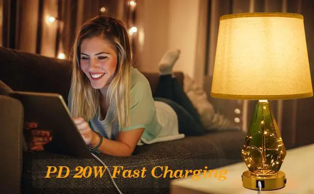 Alt view image 2 of 7 - 21 Inch Modern Glass Table Lamp Set of 2 ,Bedside Lamp with PD 20W USB Charger and AC Outlet, 3 Way Dimmable Touch Nightstand Lamp with LED Fairy Lights for Bedroom Living Room
