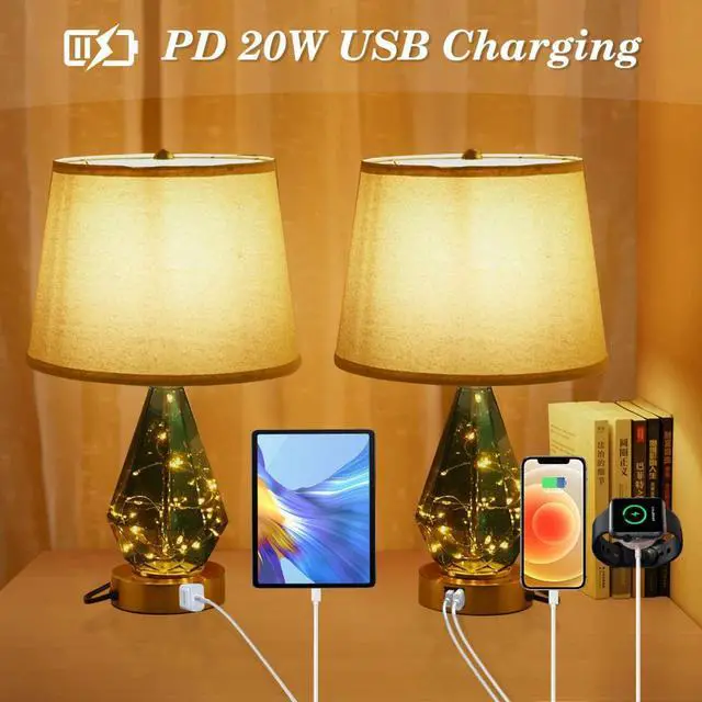 Alt view image 7 of 7 - 21 Inch Modern Glass Table Lamp Set of 2 ,Bedside Lamp with PD 20W USB Charger and AC Outlet, 3 Way Dimmable Touch Nightstand Lamp with LED Fairy Lights for Bedroom Living Room