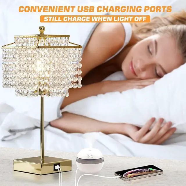 Alt view image 4 of 7 - 17.6 Inch LED Touch Control Crystal Table Lamp Set of 2 with Dual USB Ports, 3-Way Dimmable Lamp, Gold (Bulb Included)