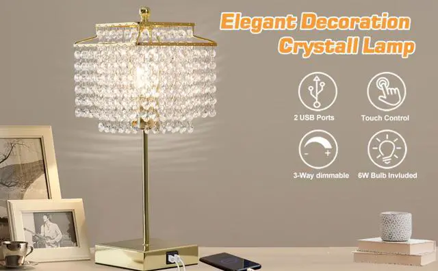 Alt view image 3 of 7 - 17.6 Inch LED Touch Control Crystal Table Lamp Set of 2 with Dual USB Ports, 3-Way Dimmable Lamp, Gold (Bulb Included)