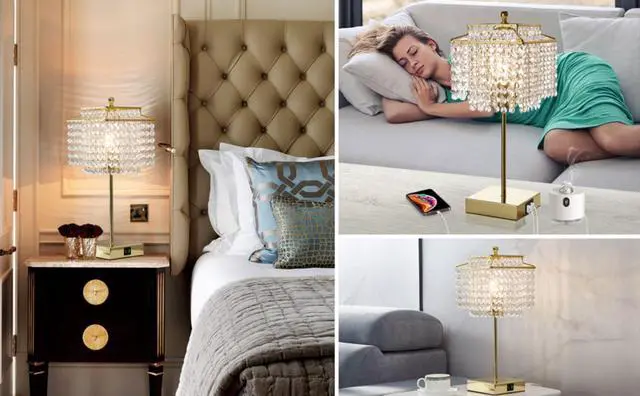 Alt view image 2 of 7 - 17.6 Inch LED Touch Control Crystal Table Lamp Set of 2 with Dual USB Ports, 3-Way Dimmable Lamp, Gold (Bulb Included)