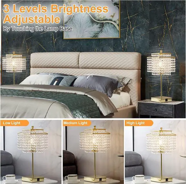 Alt view image 5 of 7 - 17.6 Inch LED Touch Control Crystal Table Lamp Set of 2 with Dual USB Ports, 3-Way Dimmable Lamp, Gold (Bulb Included)