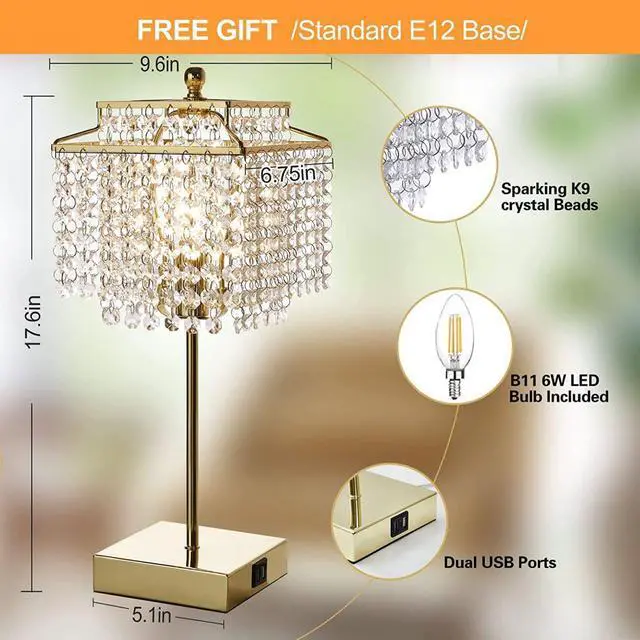 Alt view image 6 of 7 - 17.6 Inch LED Touch Control Crystal Table Lamp Set of 2 with Dual USB Ports, 3-Way Dimmable Lamp, Gold (Bulb Included)