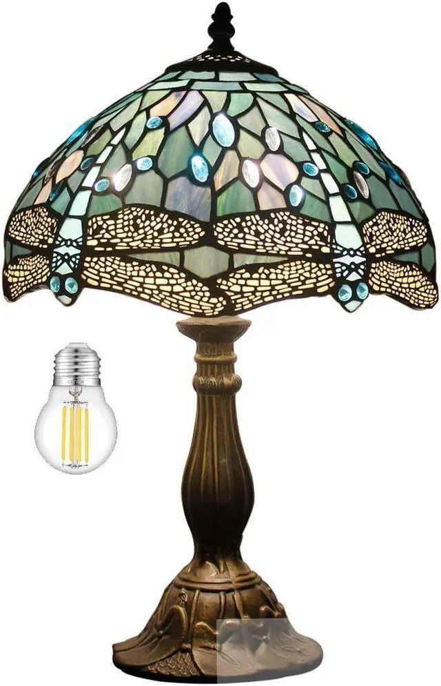 Alt view image 2 of 7 - Tiffany Style , Sea Blue Stained Glass Table Lamp 18 Inches Dragonfly Style Bedside Nightstand Desk Reading Light Decor Bedroom Living Room Home Office (LED Bulb Included)
