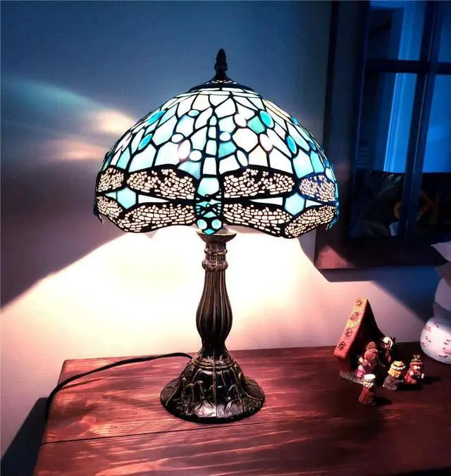 Alt view image 5 of 7 - Tiffany Style , Sea Blue Stained Glass Table Lamp 18 Inches Dragonfly Style Bedside Nightstand Desk Reading Light Decor Bedroom Living Room Home Office (LED Bulb Included)