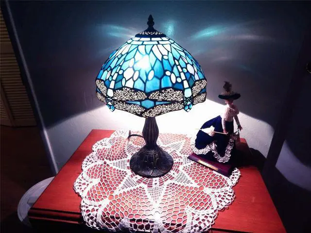 Alt view image 6 of 7 - Tiffany Style , Sea Blue Stained Glass Table Lamp 18 Inches Dragonfly Style Bedside Nightstand Desk Reading Light Decor Bedroom Living Room Home Office (LED Bulb Included)