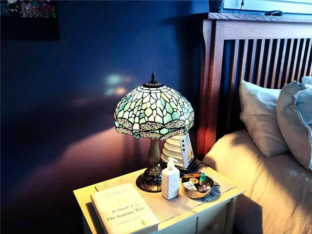 Alt view image 4 of 7 - Tiffany Style , Sea Blue Stained Glass Table Lamp 18 Inches Dragonfly Style Bedside Nightstand Desk Reading Light Decor Bedroom Living Room Home Office (LED Bulb Included)