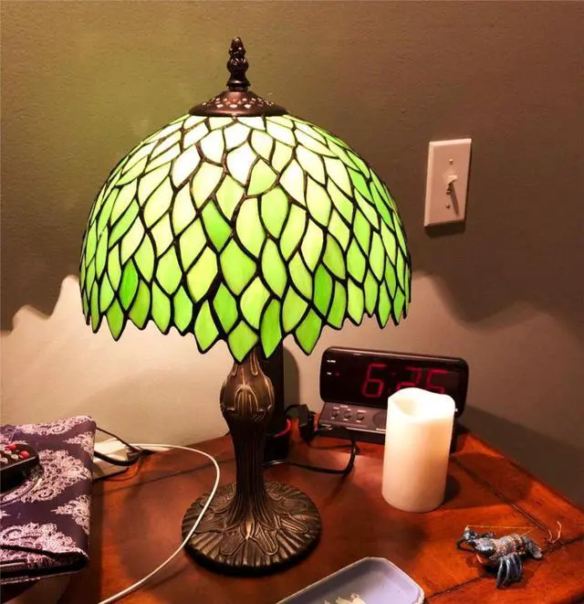 Alt view image 2 of 7 - Tiffany Style Bedside Lamp Green Wisteria Stained Glass Nightstand Reading Desk Light 18 Inches Decor Bedroom Living Room Home Office (LED Bulb Included)