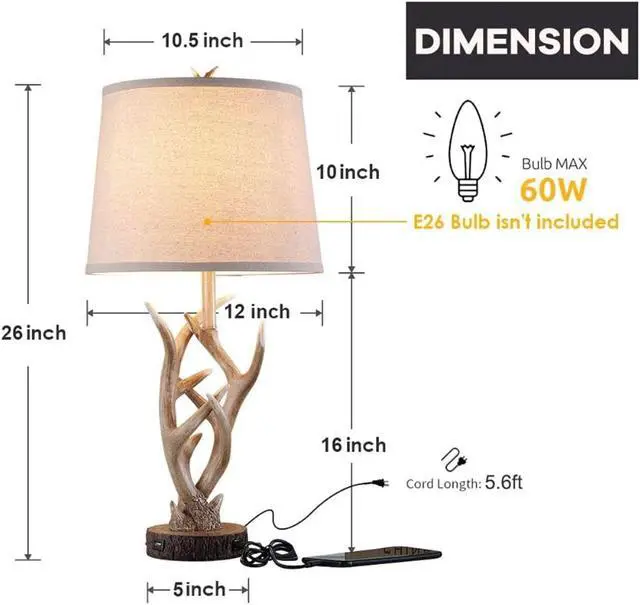 Alt view image 5 of 7 - Rustic Brown Table Lamp Set of 2, 26" Farmhouse Bedside Lamp for Bedroom with 2 USB Ports, Natural Antler Table Lamp for Living Room Foyer Office (Bulb not included)