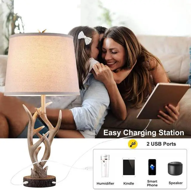 Alt view image 4 of 7 - Rustic Brown Table Lamp Set of 2, 26" Farmhouse Bedside Lamp for Bedroom with 2 USB Ports, Natural Antler Table Lamp for Living Room Foyer Office (Bulb not included)