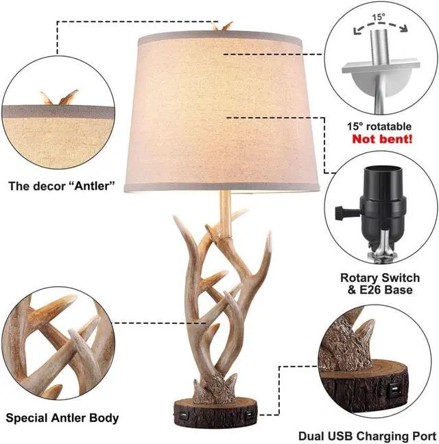 Alt view image 6 of 7 - Rustic Brown Table Lamp Set of 2, 26" Farmhouse Bedside Lamp for Bedroom with 2 USB Ports, Natural Antler Table Lamp for Living Room Foyer Office (Bulb not included)