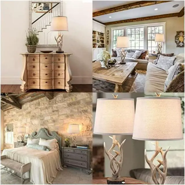 Alt view image 7 of 7 - Rustic Brown Table Lamp Set of 2, 26" Farmhouse Bedside Lamp for Bedroom with 2 USB Ports, Natural Antler Table Lamp for Living Room Foyer Office (Bulb not included)