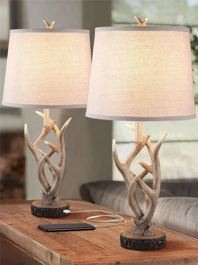Alt view image 2 of 7 - Rustic Brown Table Lamp Set of 2, 26" Farmhouse Bedside Lamp for Bedroom with 2 USB Ports, Natural Antler Table Lamp for Living Room Foyer Office (Bulb not included)