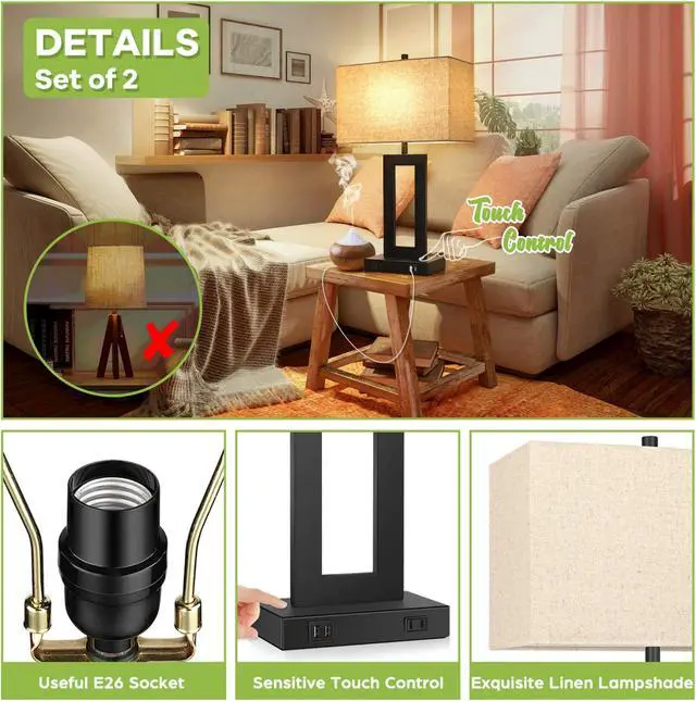 Alt view image 4 of 7 - Set of 2 Touch Control Table Lamp with 2 USB Ports, 3-Way Dimmable Modern Nightstand Lamp Sets Bedside Touch Desk Lamp With Fabric Cream Shade For Bedroom Table Living Room Reading, LED Bulbs Included