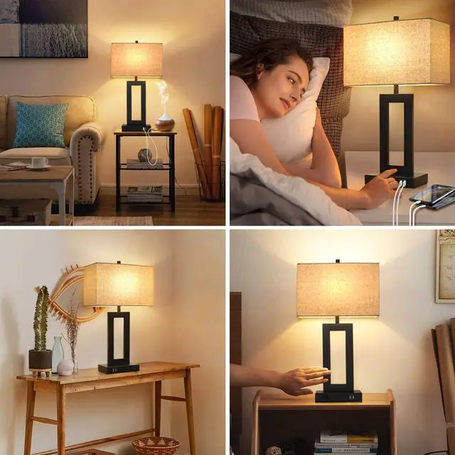 Alt view image 7 of 7 - Set of 2 Touch Control Table Lamp with 2 USB Ports, 3-Way Dimmable Modern Nightstand Lamp Sets Bedside Touch Desk Lamp With Fabric Cream Shade For Bedroom Table Living Room Reading, LED Bulbs Included