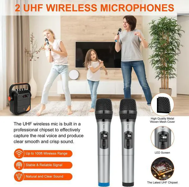 Alt view image 6 of 7 - Karaoke Machine with 2 UHF Wireless Microphones,5200mAh Portable Microphone Speaker Set Bluetooth 5.0