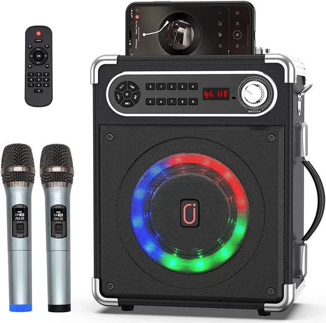 Main image of Karaoke player with two wireless microphones, portable Bluetooth speaker with bass/treble adjustment, PA system with remote control.