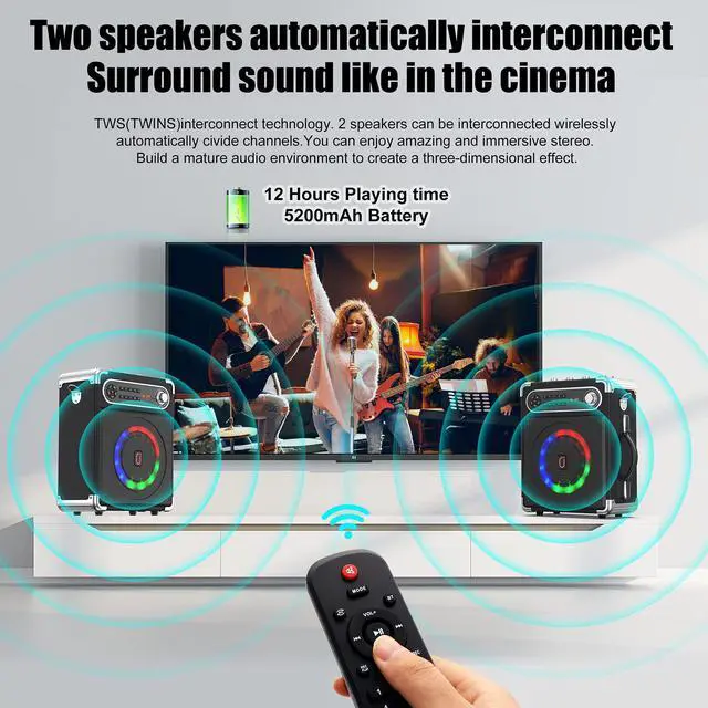 Alt view image 3 of 7 - Karaoke player with two wireless microphones, portable Bluetooth speaker with bass/treble adjustment, PA system with remote control.