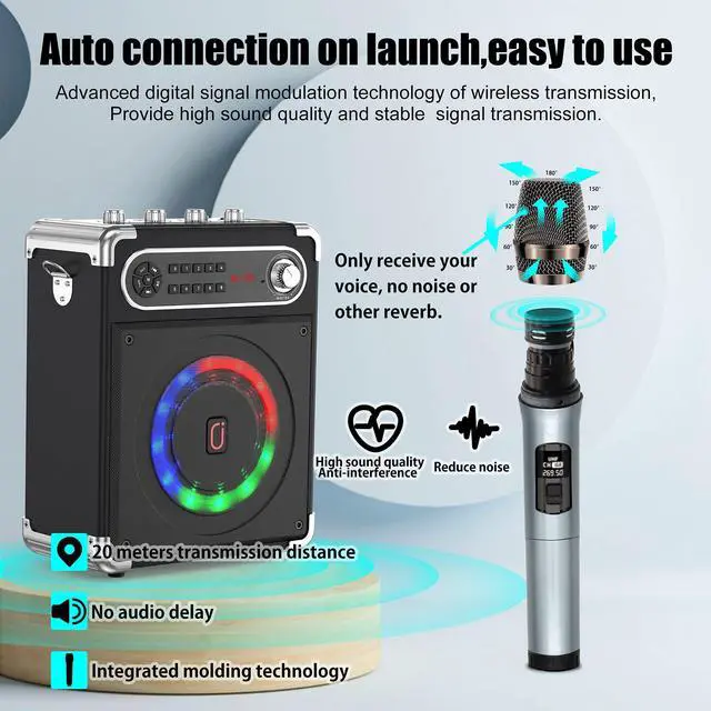 Alt view image 5 of 7 - Karaoke player with two wireless microphones, portable Bluetooth speaker with bass/treble adjustment, PA system with remote control.