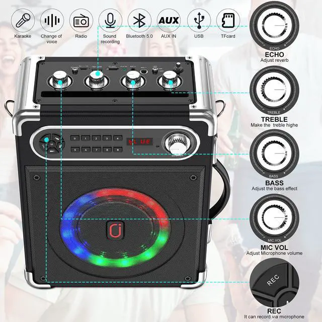 Alt view image 4 of 7 - Karaoke player with two wireless microphones, portable Bluetooth speaker with bass/treble adjustment, PA system with remote control.