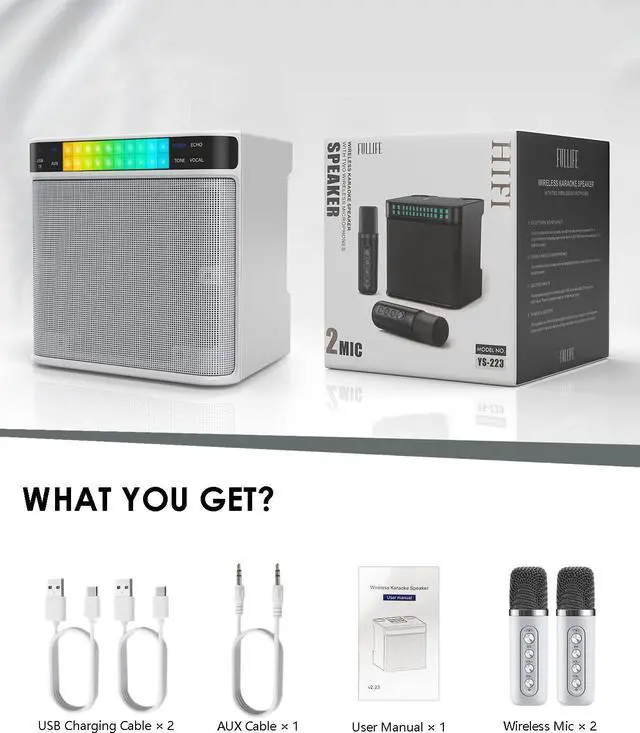 Alt view image 5 of 7 - Karaoke machine for adults/children, with 2 wireless microphones, portable Bluetooth Karapa speaker system, LED lamp, TF/USB/AUX support, singing machine for parties.