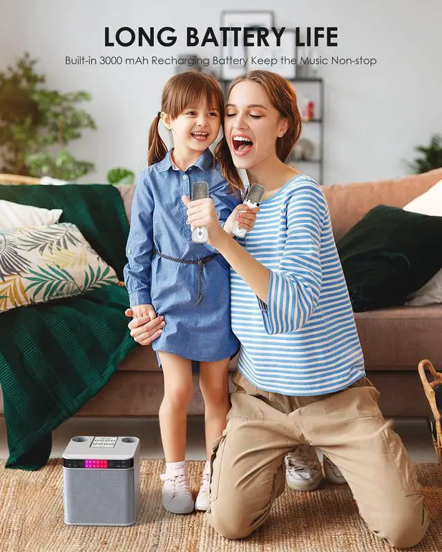Alt view image 6 of 7 - Karaoke machine for adults/children, with 2 wireless microphones, portable Bluetooth Karapa speaker system, LED lamp, TF/USB/AUX support, singing machine for parties.