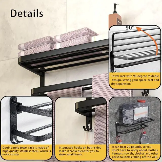 Alt view image 3 of 6 - Wenger 18.8 inch stainless steel towel rack, suitable for bathroom towel racks, with double towel bars, bathroom wall bracket, with hooks, hotel bathroom rack