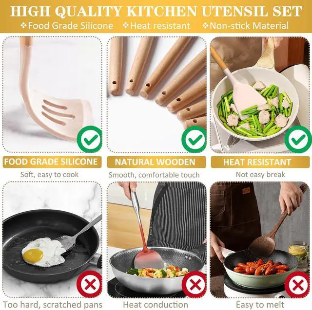 Alt view image 4 of 7 - Wenger  43Pcs non-stick heat-resistant wooden handle silicone kitchenware set, the best kitchen gadget (khaki)