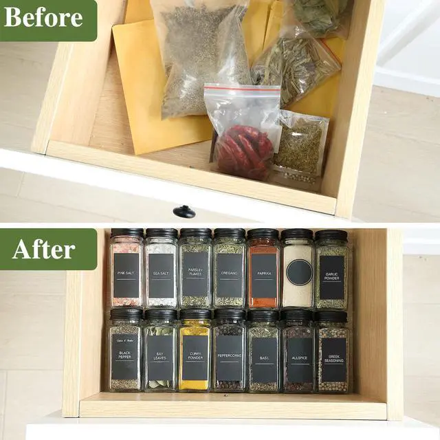 Alt view image 5 of 6 - Wenger 48 Spice Jars with 562 Labels- Glass Spice Jars with Black Metal Caps, 4oz Empty Spice Containers with Shaker Lids, Funnel, Chalk Pen, Square Seasoning Bottles for Spice Rack, Drawer, Cabinet