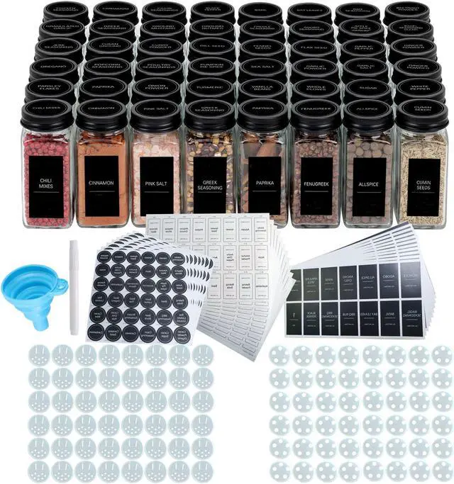 Main image of Wenger 48 Spice Jars with 562 Labels- Glass Spice Jars with Black Metal Caps, 4oz Empty Spice Containers with Shaker Lids, Funnel, Chalk Pen, Square Seasoning Bottles for Spice Rack, Drawer, Cabinet