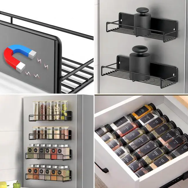 Alt view image 3 of 5 - Wenger 4 Pack Magnetic Spice Rack Organizer for Refrigerator and Microwave Oven, Metal Fridge Shelf for Kitchen, Black