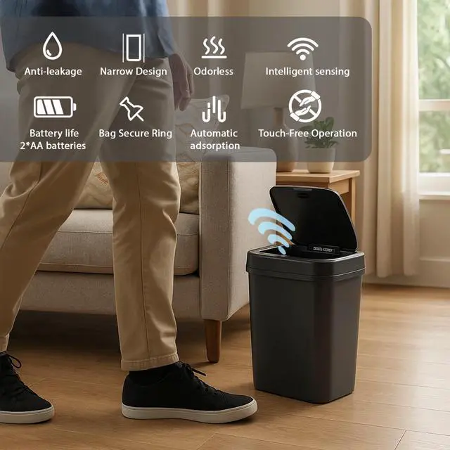 Alt view image 3 of 7 - Wenger Smart Sensor Trash Can 12L Plastic, Fast Hands-Free Lid Opening, Adjustable Sensor Range, Knee and Hand Activation, Ideal for Modern Kitchen Organization black