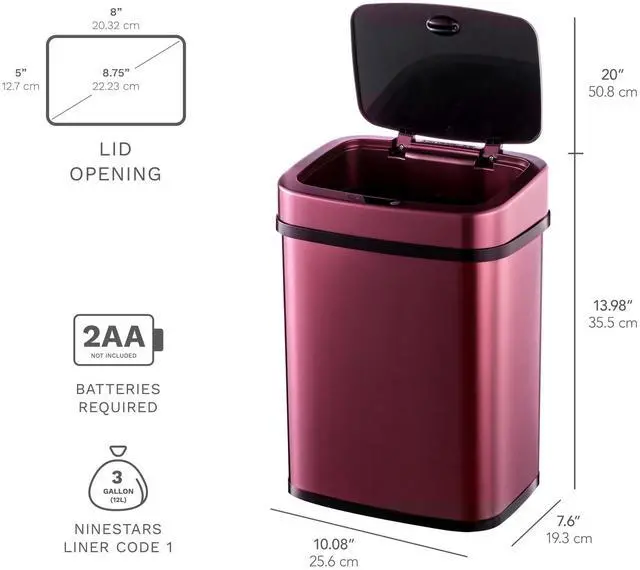 Alt view image 2 of 6 - Wenger Kitchen Storage Bin 12L Stainless Steel Intelligent Sensor Trash Can with One-Touch Control and Adjustable Sensor Range for Home Organization wine red