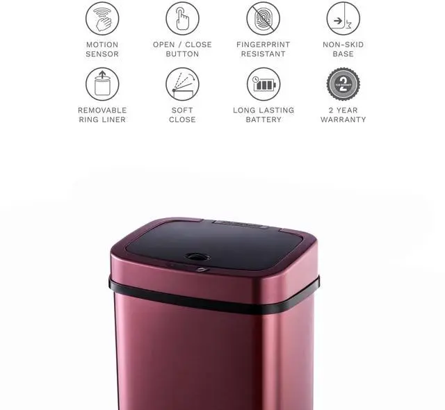 Alt view image 4 of 6 - Wenger Kitchen Storage Bin 12L Stainless Steel Intelligent Sensor Trash Can with One-Touch Control and Adjustable Sensor Range for Home Organization wine red