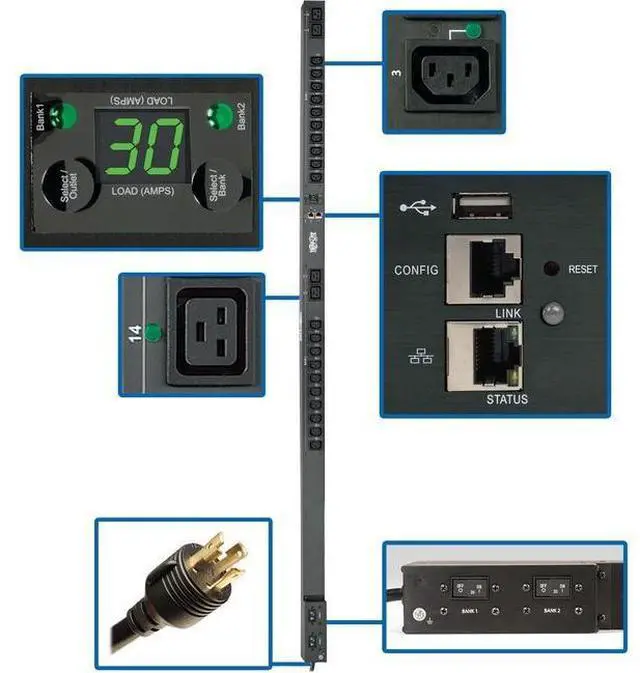Alt view image 10 of 11 - Tripp Lite PDU Monitored 24 Outlets 208/240V 5.8kW L6-30P PDUNVR30HVLX