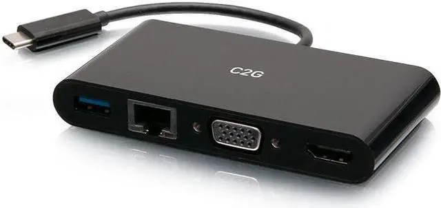 Main image of C2G USB C to HDMI, VGA, USB A & RJ45 Adapter - 4K 30Hz - Black - for Notebook/Tablet PC - USB 3.1 Type C - 4K, Full HD - 3840 x 2160, 1920 x 1200 - 1 x USB 3.0 - USB Type-A - USB Type-C - 1 x RJ-4