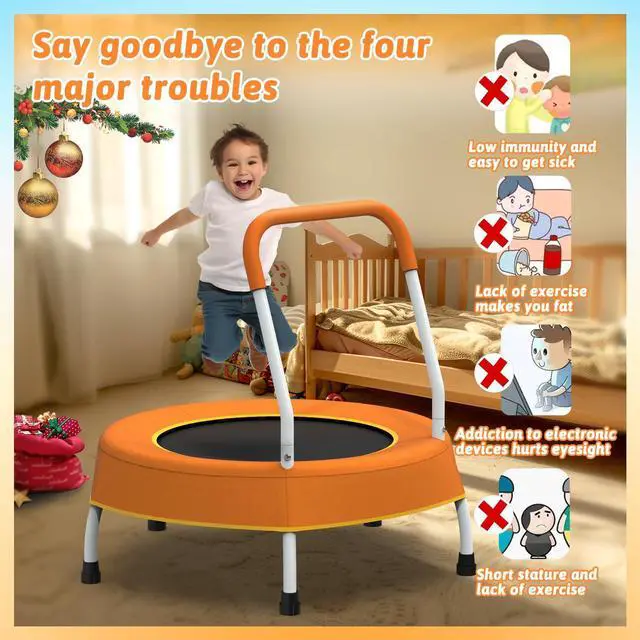 Alt view image 5 of 7 - Mersco 28" Mini Toddler Trampoline Kids Indoor Trampoline with Handle Small Recreational Trampoline for Kids Ages 1+ Baby Toys Gifts for Boys Girls Christmas Birthday, Orange