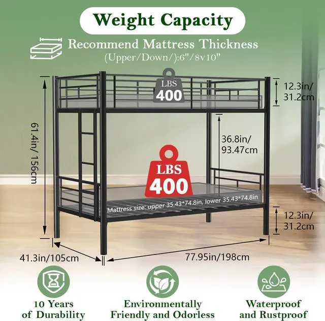Alt view image 4 of 7 - Mersco Twin Over Twin Bunk Beds for Adults Convertible Metal Bunk Bed Heavy Duty Bunkbeds Frame for Teens Dorm Small Spaces Bedroom Guest Room, with Ladder & Guardrail, Bottom Space, Black
