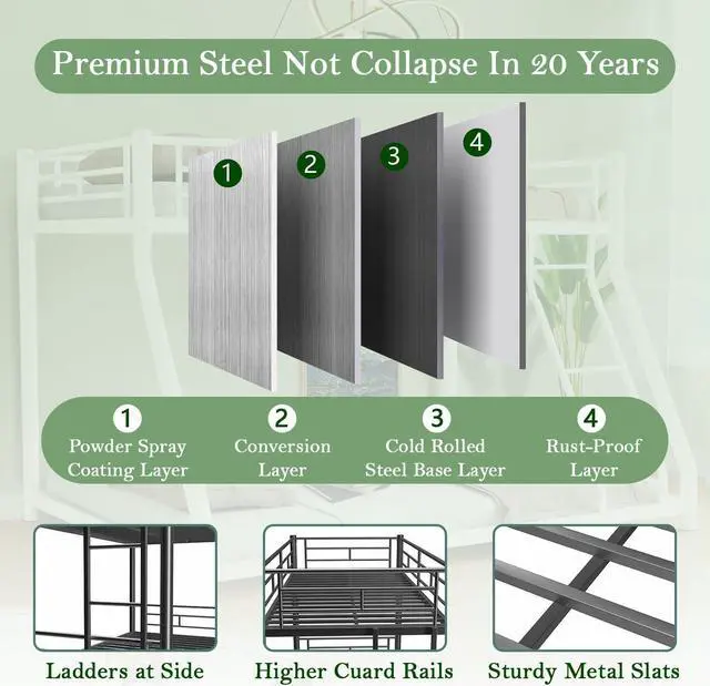 Alt view image 3 of 7 - Mersco Twin Over Twin Bunk Beds for Adults Convertible Metal Bunk Bed Heavy Duty Bunkbeds Frame for Teens Dorm Small Spaces Bedroom Guest Room, with Ladder & Guardrail, Bottom Space, Black