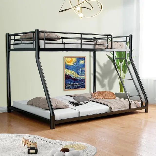 Main image of Mersco Bunk Bed Twin Over Full Size, Twin Over Full Bunk Beds with Ladder & Guardrail Heavy Duty Bunk Beds Frame for Teens Adults Dorm Bedroom Guest Room, No Box Spring Needed, Black