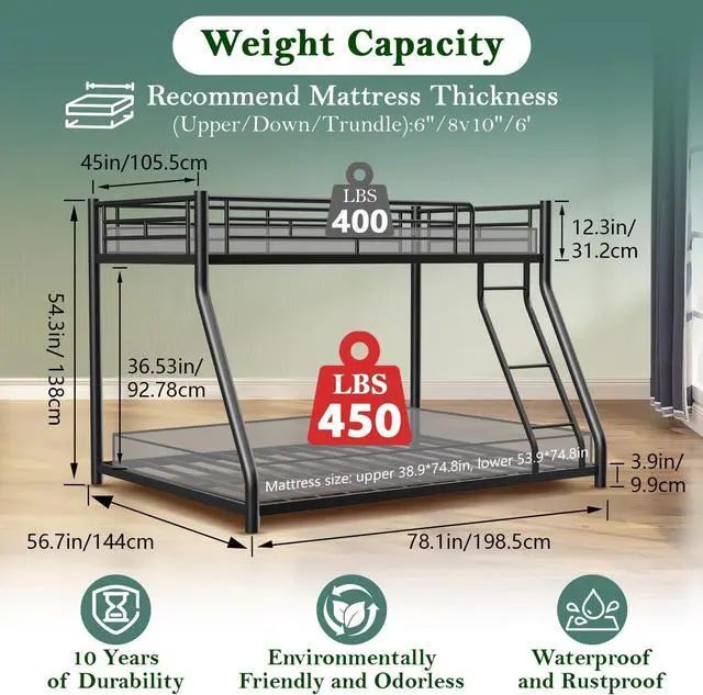 Alt view image 2 of 6 - Mersco Bunk Bed Twin Over Full Size, Twin Over Full Bunk Beds with Ladder & Guardrail Heavy Duty Bunk Beds Frame for Teens Adults Dorm Bedroom Guest Room, No Box Spring Needed, Black