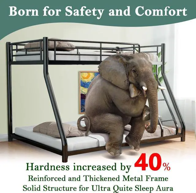 Alt view image 3 of 6 - Mersco Bunk Bed Twin Over Full Size, Twin Over Full Bunk Beds with Ladder & Guardrail Heavy Duty Bunk Beds Frame for Teens Adults Dorm Bedroom Guest Room, No Box Spring Needed, Black